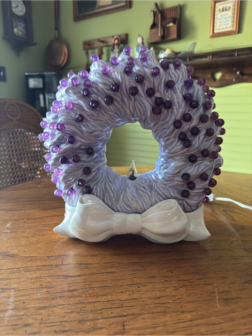 Vintage Lighted ceramic Christmas Wreath – Purple & White Ceramic